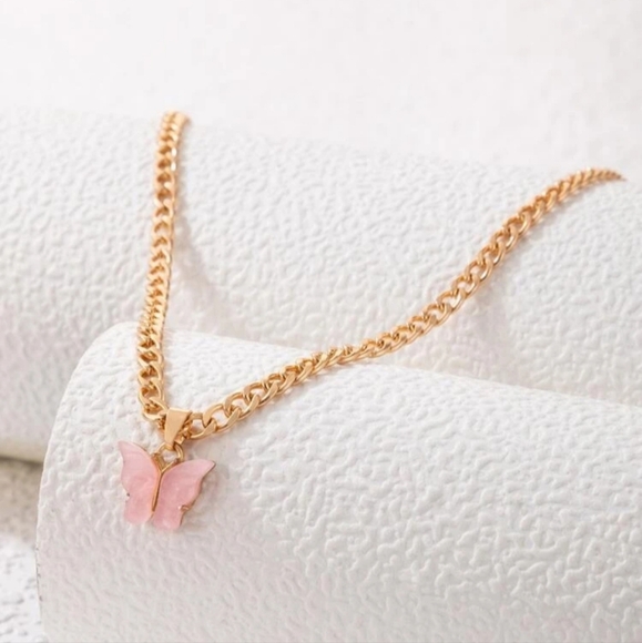 NEW Gold & Pink Butterfly Charm Choker Necklace OS - Picture 2 of 2